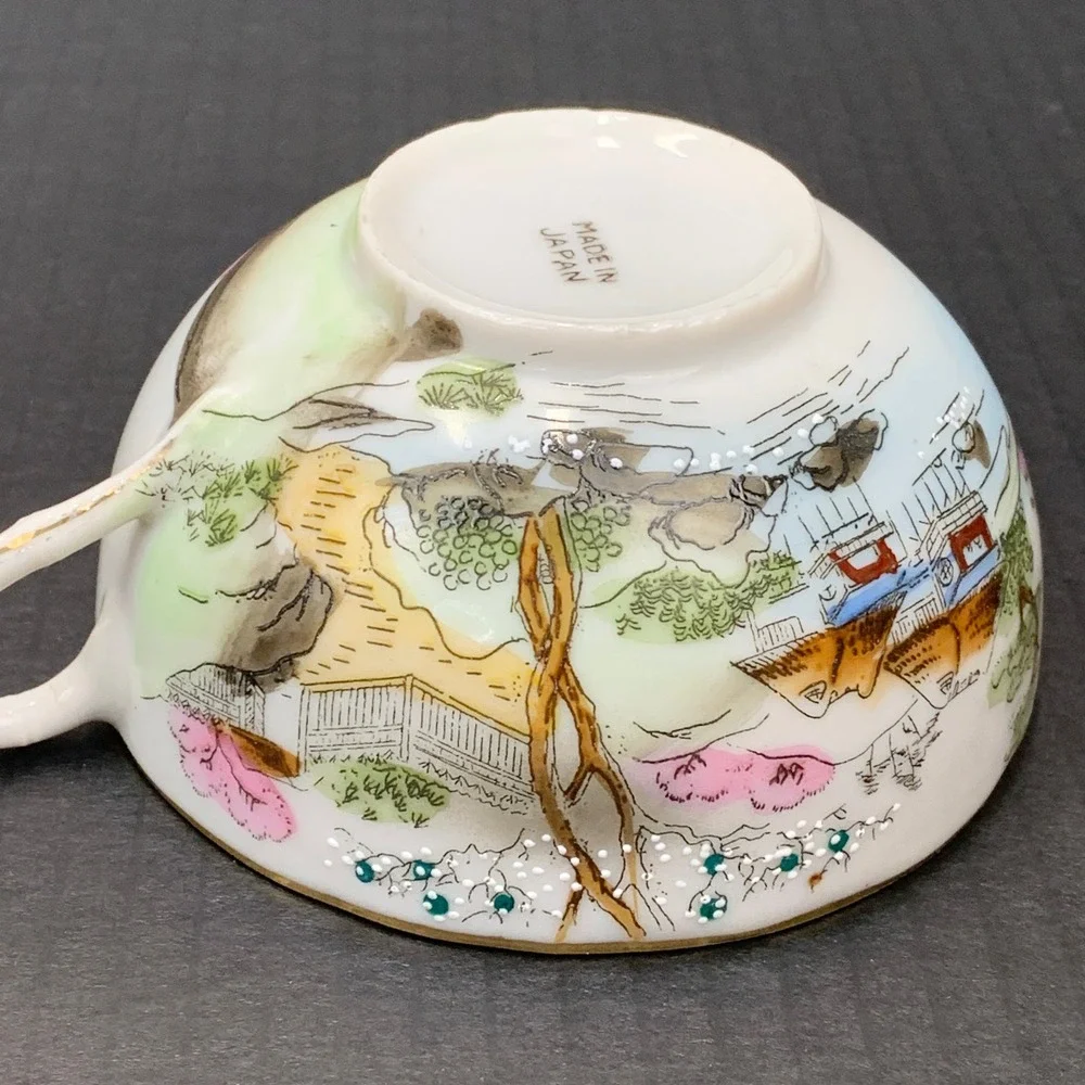 Vintage Made in Japan Porcelain Tea Cups‎ Set of 2 Painted Landscape Gold Trim